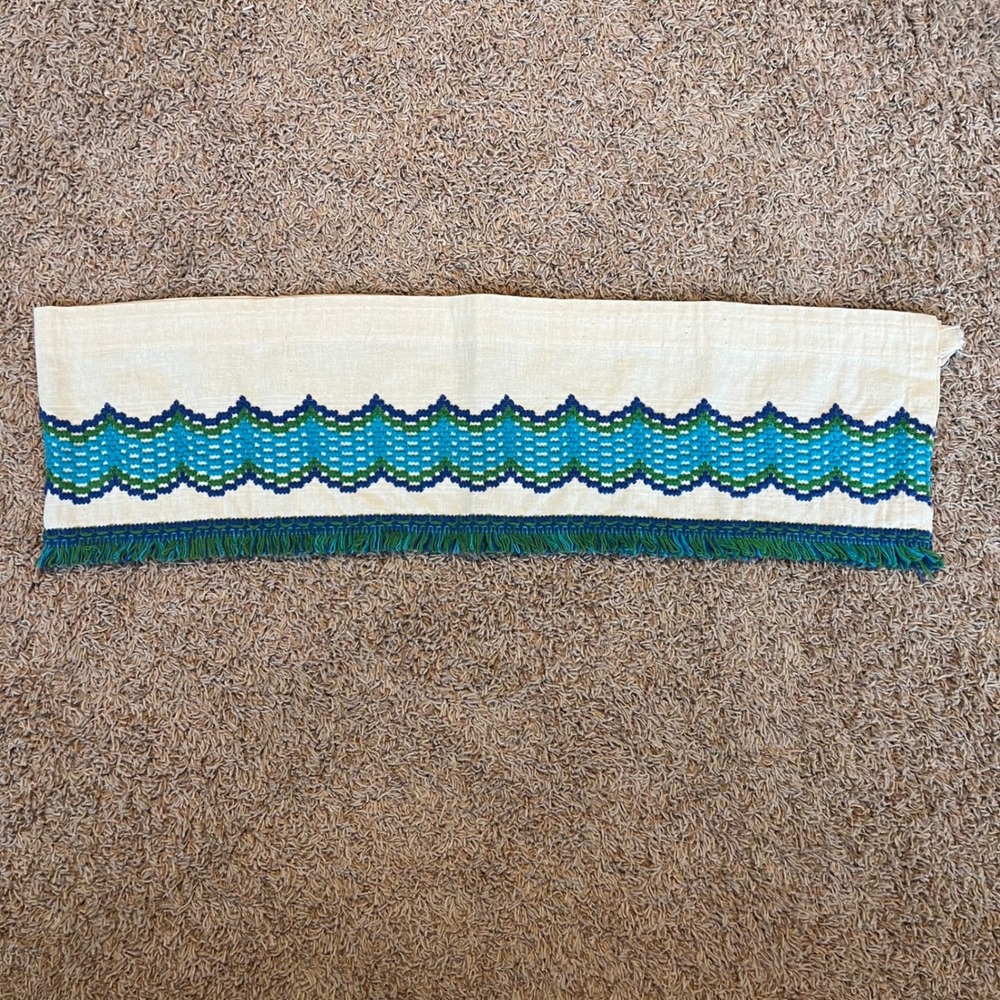 Vintage Sears Perma-Prest Embroidered Valance Blue Green Wave Pattern Fringe 66"